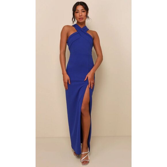 Lulus Dresses & Skirts - Lulus Head to Cocktail Hour Royal Blue Halter Neck Maxi Dress Size Large NWT!